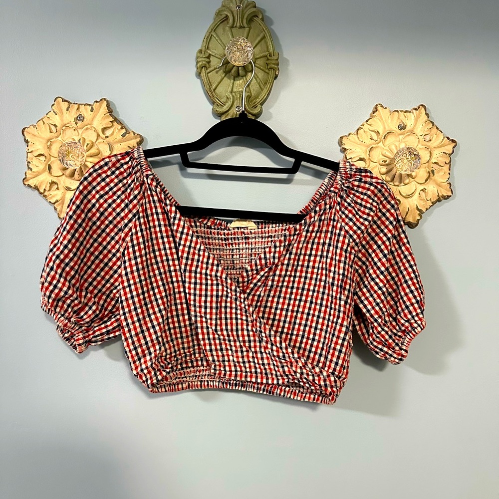 Sim & Sam Gingham Puff Sleeve Crop Top